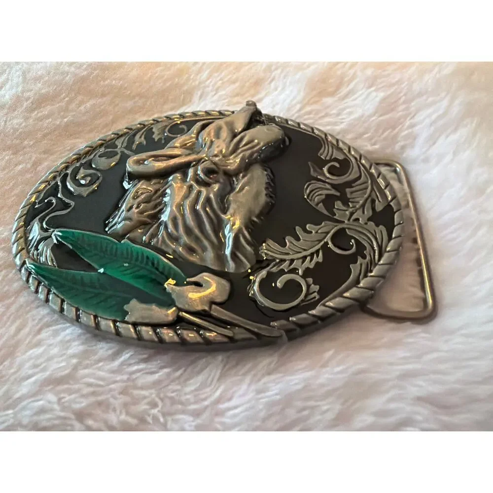 Vintage Western Horse Head Belt Buckle Black Enamel Green Feather Silver Tone